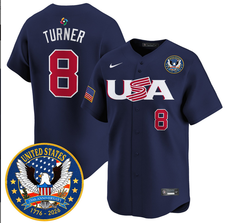 Men Team USA World Baseball Classic 250th Anniversary #8 Turner Navy blue 2026 Roster Patch Vapor Jersey-0